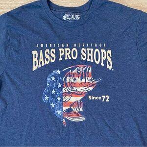 Bass Pro Shops T-Shirt Mens XL Blue American Heritage Since 72 US Flag Fish Logo